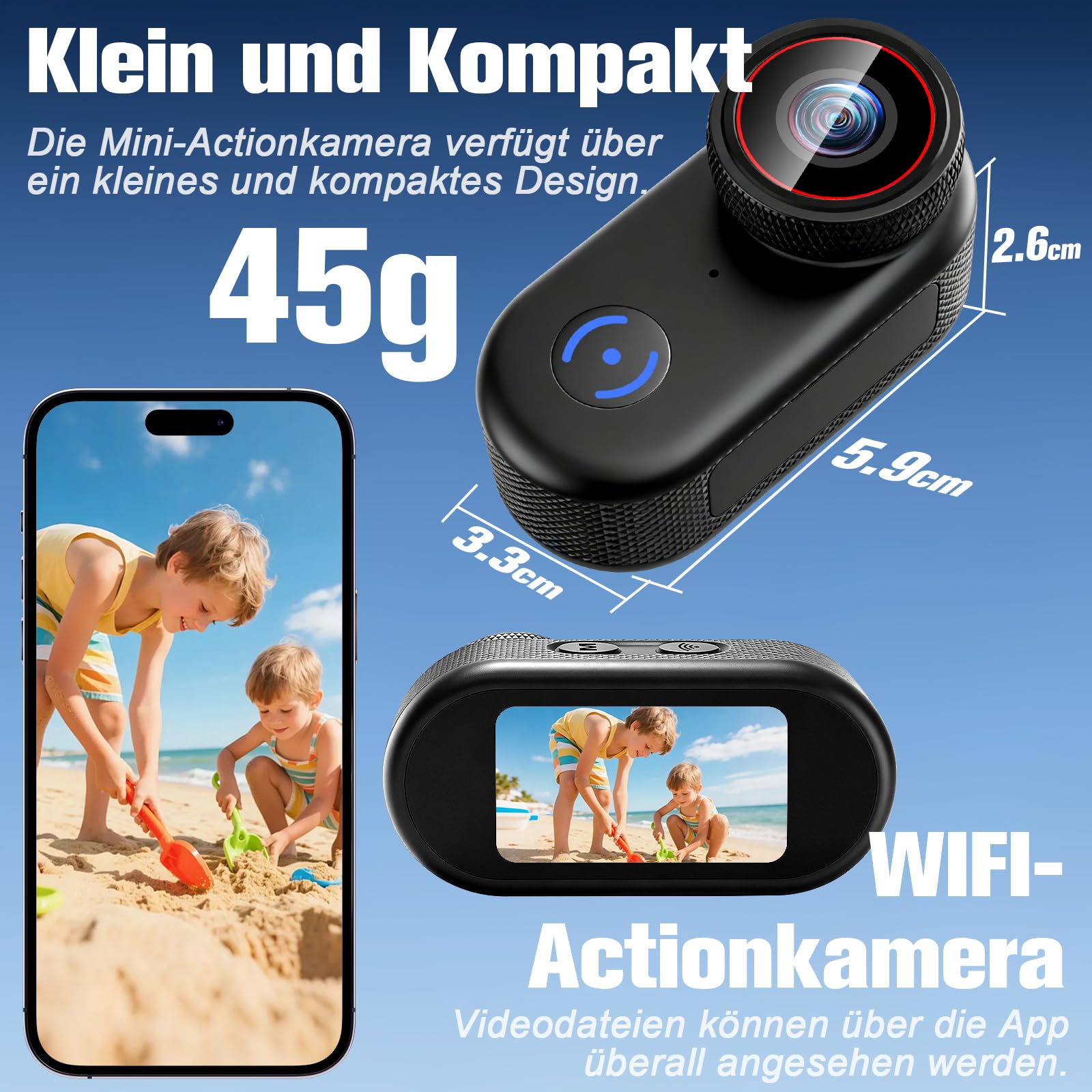 Action Kamera Wifi 4K, Magnetische Mini Action Kamera mit 1,47 Zoll Display | 16G WiFi Action Cam, Tragbare Wearable Pov Kamera, Mini Body Kamera Für Vlogging, Reisen Und Sport Kamera