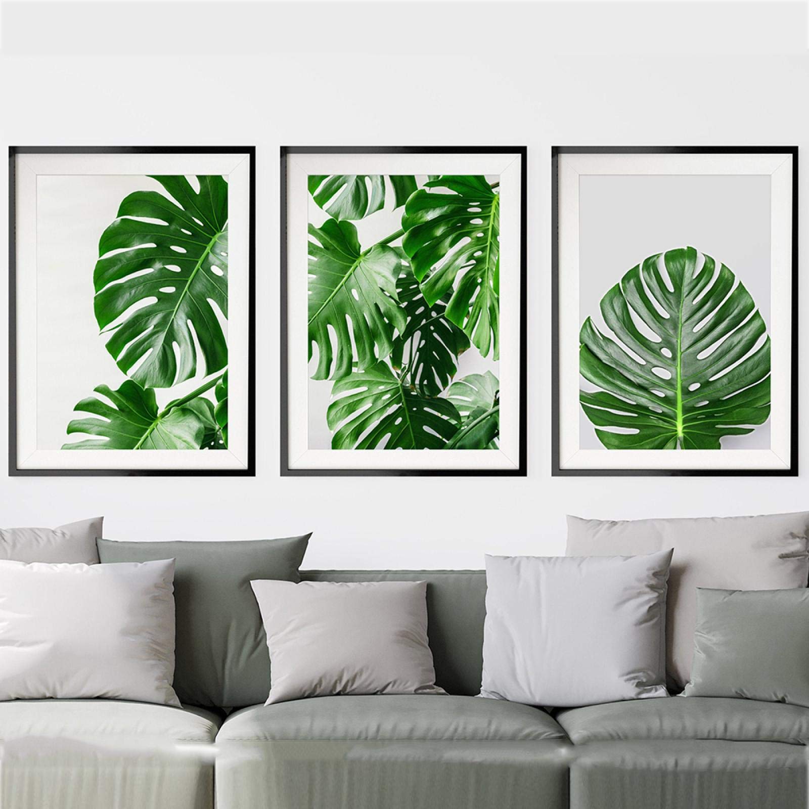 Arte de pared nórdico lienzo estampado de plantas pintura moderna decoración del hogar imagen Monstera hoja tropical cartel de planta verde (16x24in) 40x60cmx3 marco interno