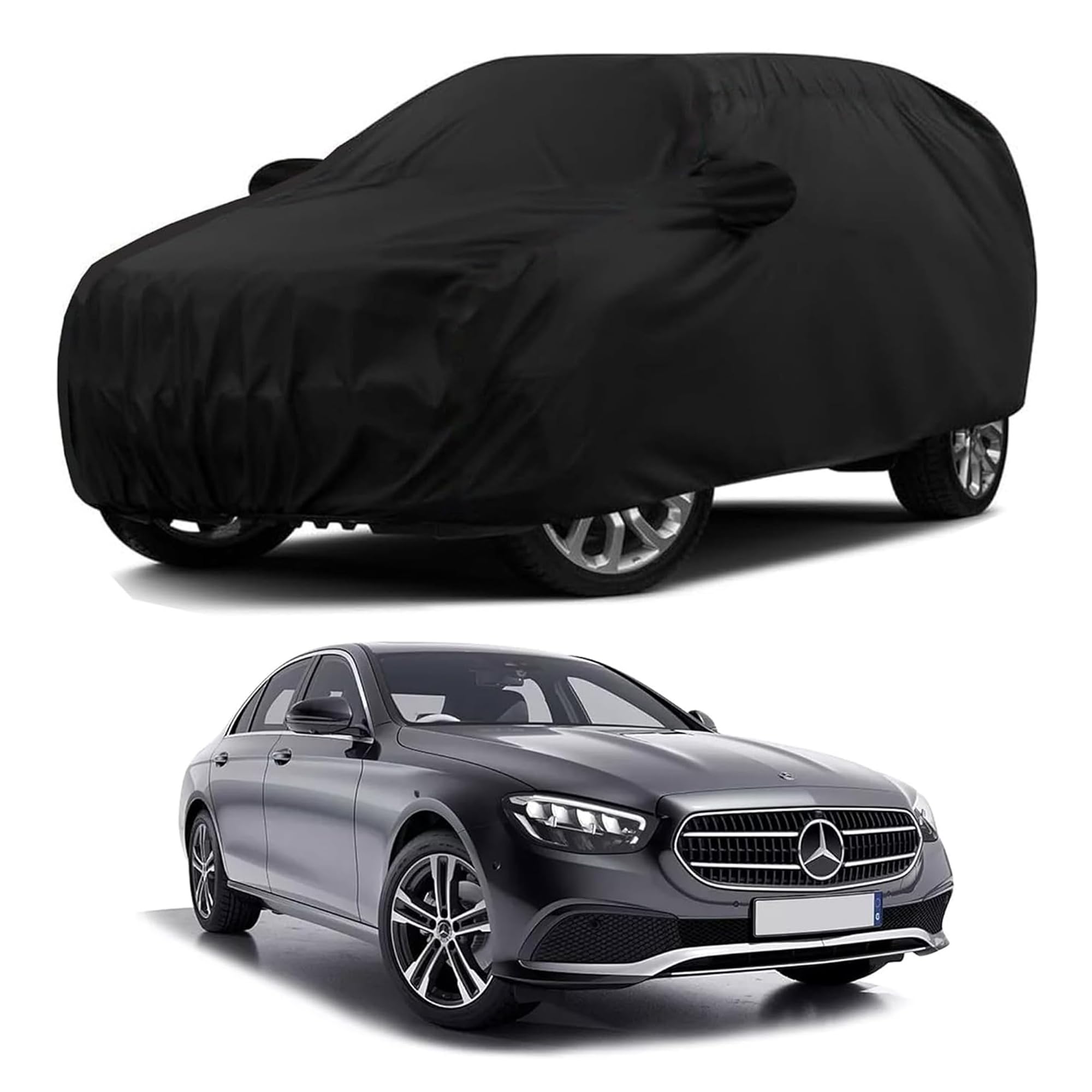 Sulfar 100% Water Resistant Car Body Cover Compatible with Mirror & Antenna Pockets for Mercedes Benz E200 (Triple Stitched, Full Bottom Elastic, Black)