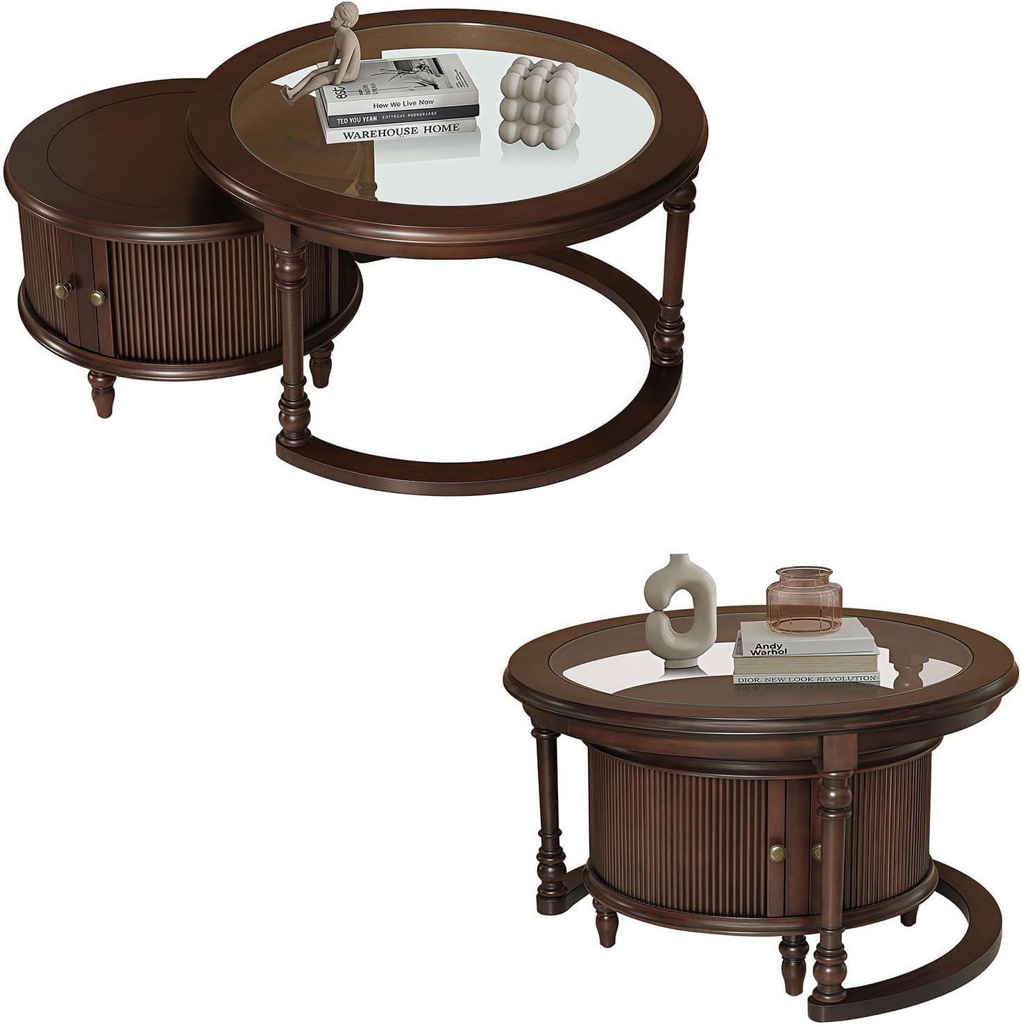 LKTART Nesting Coffee Table for Living Room,Round Tempered Glass Solid Wood Nest Coffee Tables with Storage,Retro Small Accent Center Table for Small Space Apartment (31.5''D×18''H-Dark Brown)