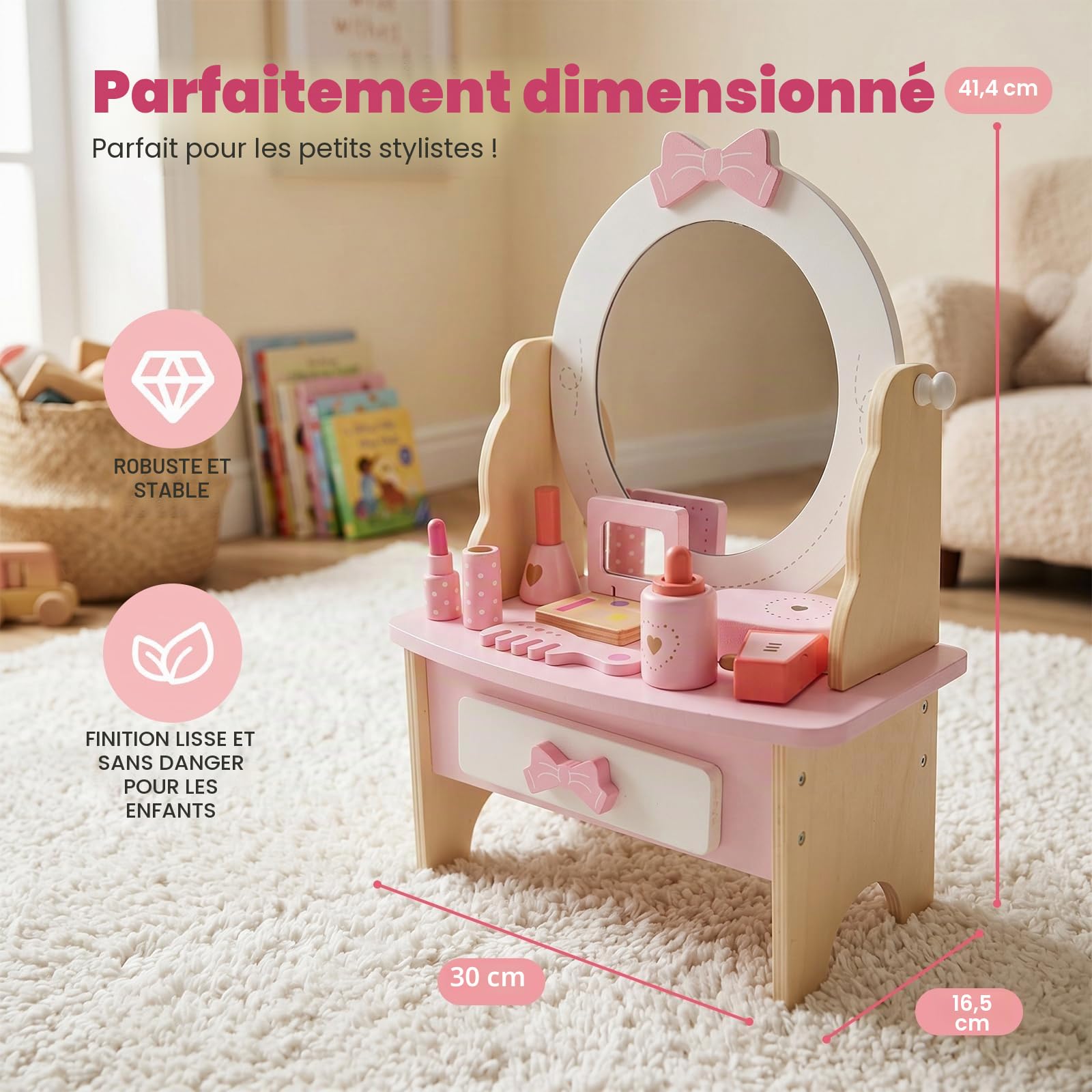 Set de coiffeuse en bois pour enfants, jouet de table avec miroir rotatif à 360°, ensemble d'accessoires de maquillage, cadeau pour filles à partir de 3 ans (blanc)