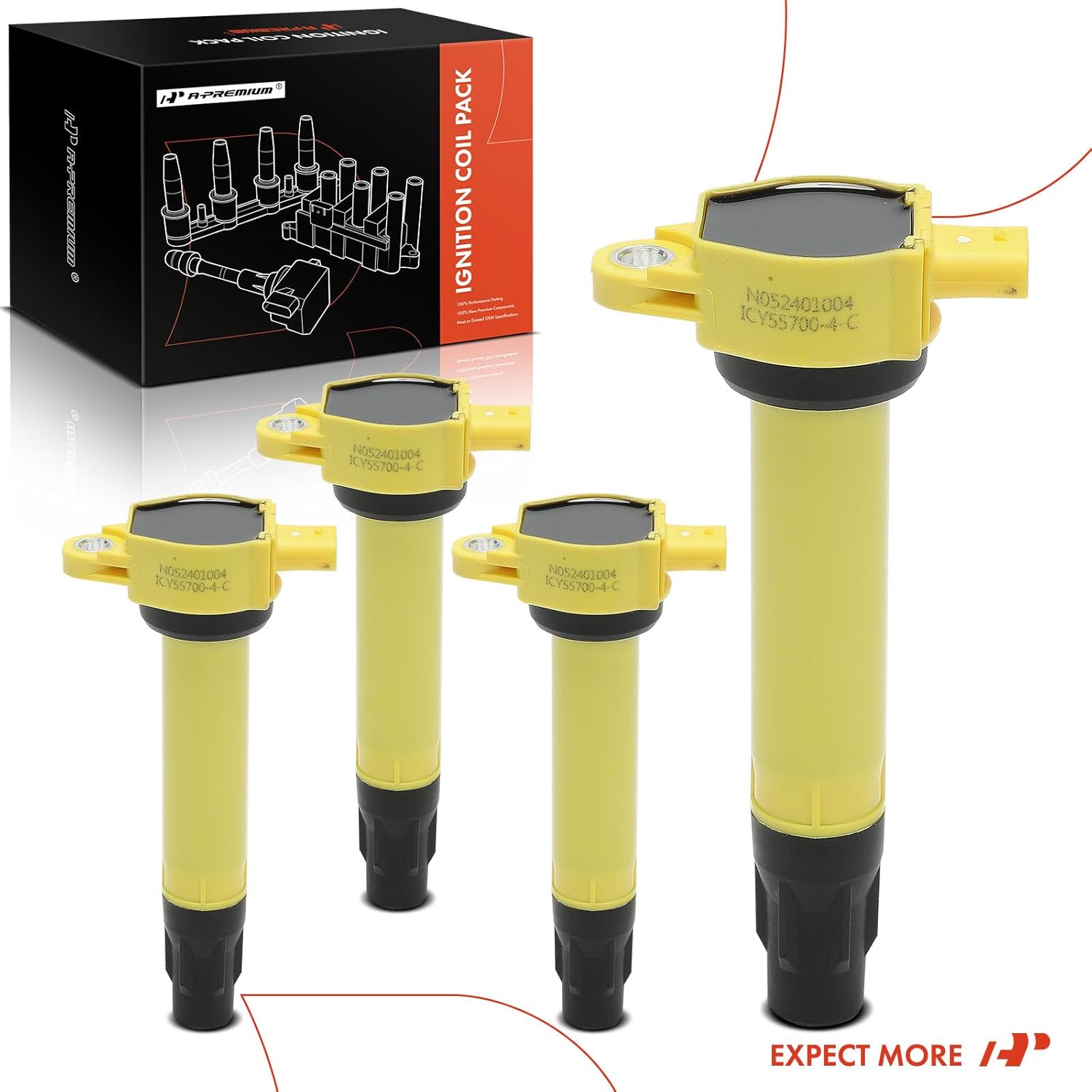 A-Premium Engine Ignition Coil Pack Compatible with Jeep Compass Patriot 2007-2017 & Dodge Journey 2009-2020, Avenger 2008-2014, Caliber 2007-2012 & Chrysler 200 2011-2014, Sebring, Yellow, Set of 4
