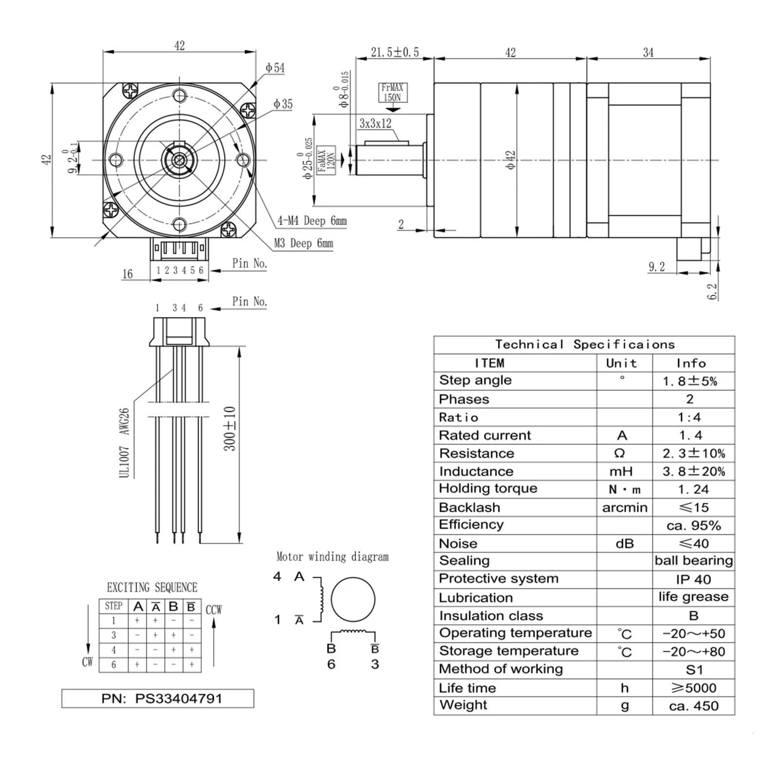 Rapporto Riduttore epicicloidale Nema17 4:1 Albero con sede chiavetta Motore Passo-Passo 42 Lunghezza Corpo 34 mm 1,4 A 0,3 NM