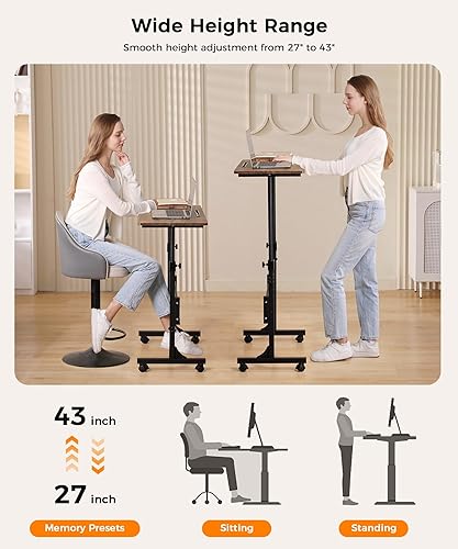 Miniatura 10 de Escritorio de pie de altura ajustable, escritorio móvil de pie con ruedas, escritorio pequeño para computadora con ruedas, escritorio portátil para