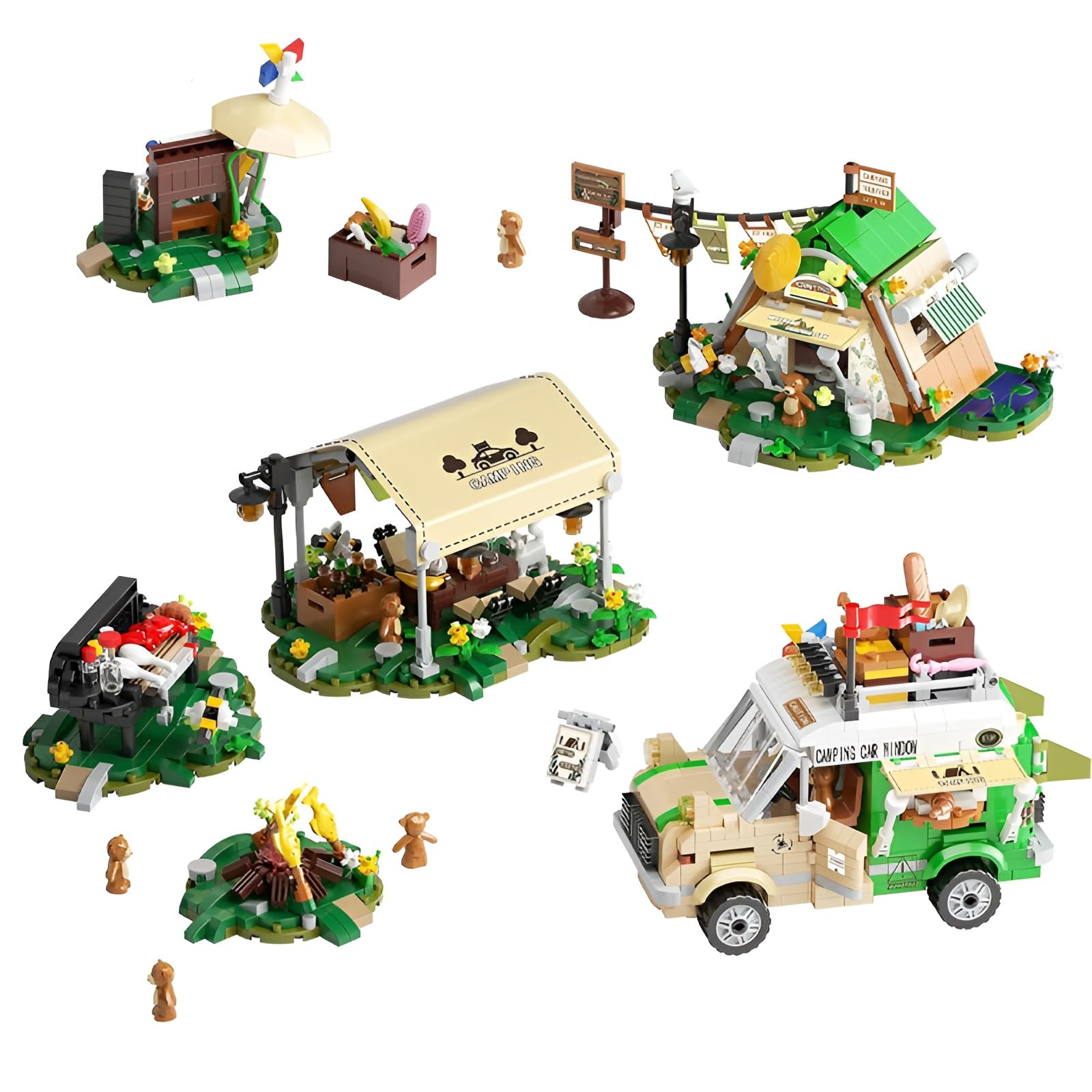 Camper-Van-Mini-Micro-Bausatz mit Campingzelt für draußen Geschenke Deko | 1982Stk Bausatz eine Camping-Szene mit Wohnmobil, Zelt,Grill Lagerfeuer, Modulares Design unzählige Kombinationsmöglichkeiten