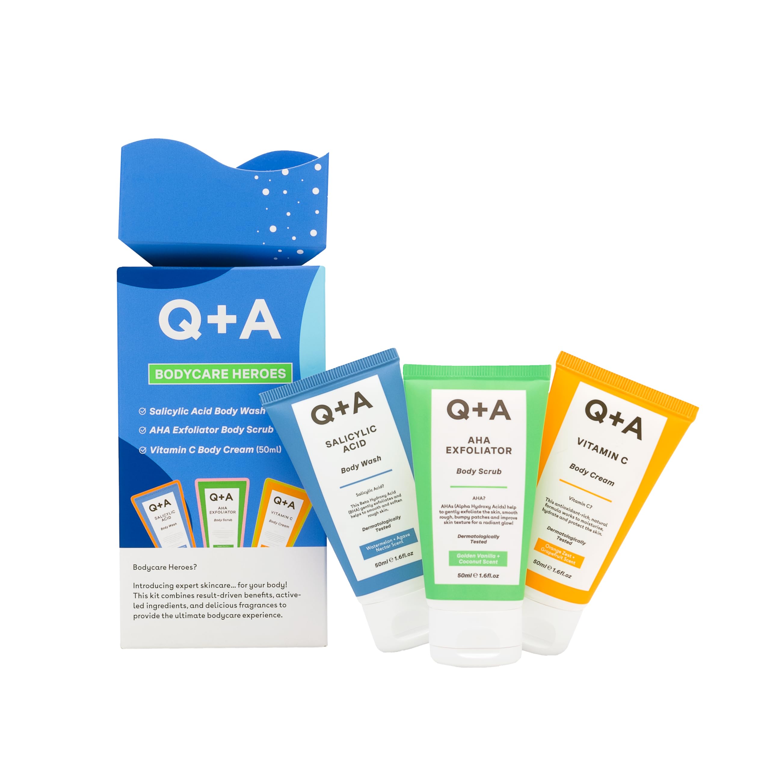 Q+A Bodycare Heroes Giftset, 3-Step Skincare Routine: Salicylic Acid Body Wash, AHA Exfoliator Scrub & Vitamin C Body Cream - Image 2