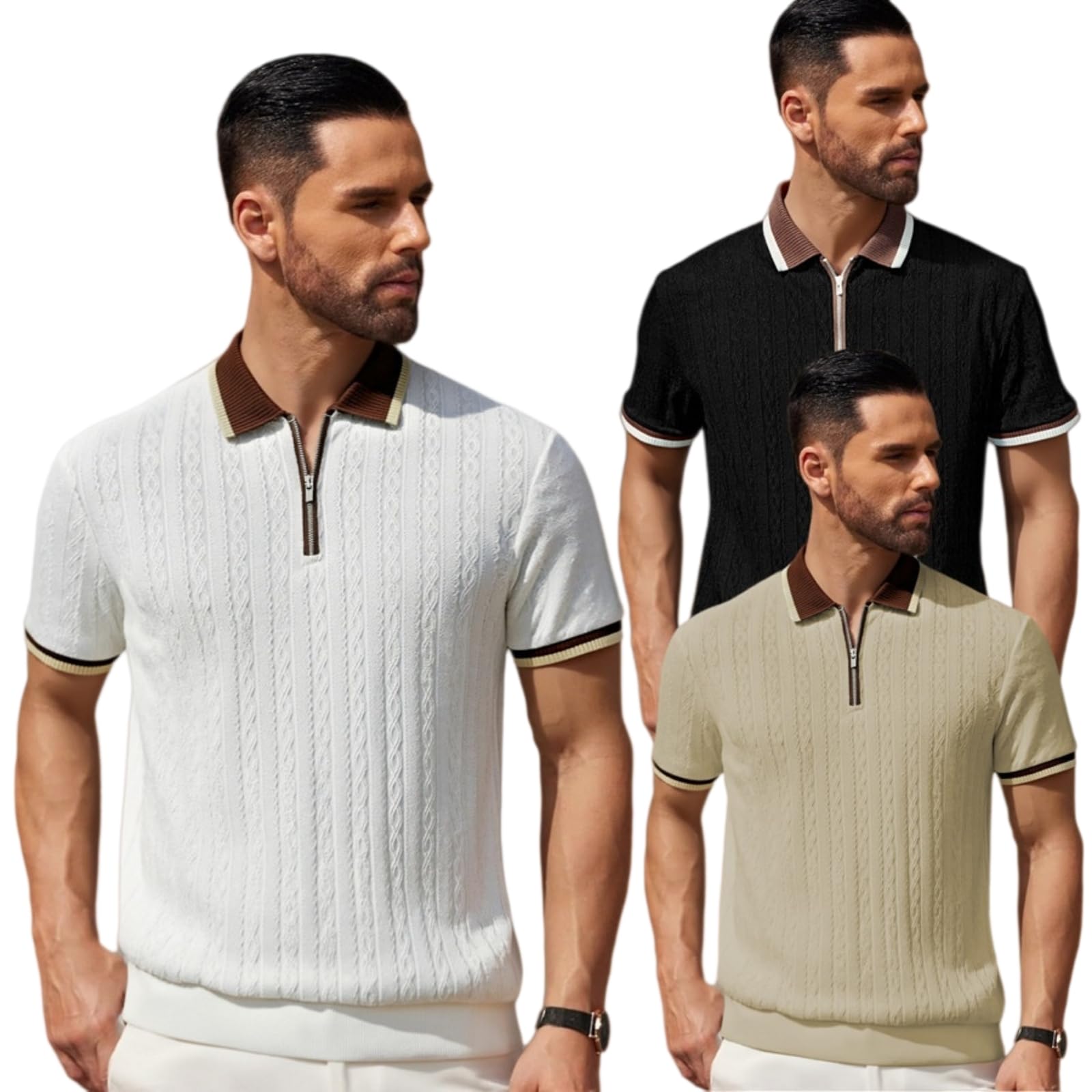 Camicie Uomo Cavo Mezza Zip Camicia, Contrasto Punta Collare Manica Corta Sottile-Khaki-l