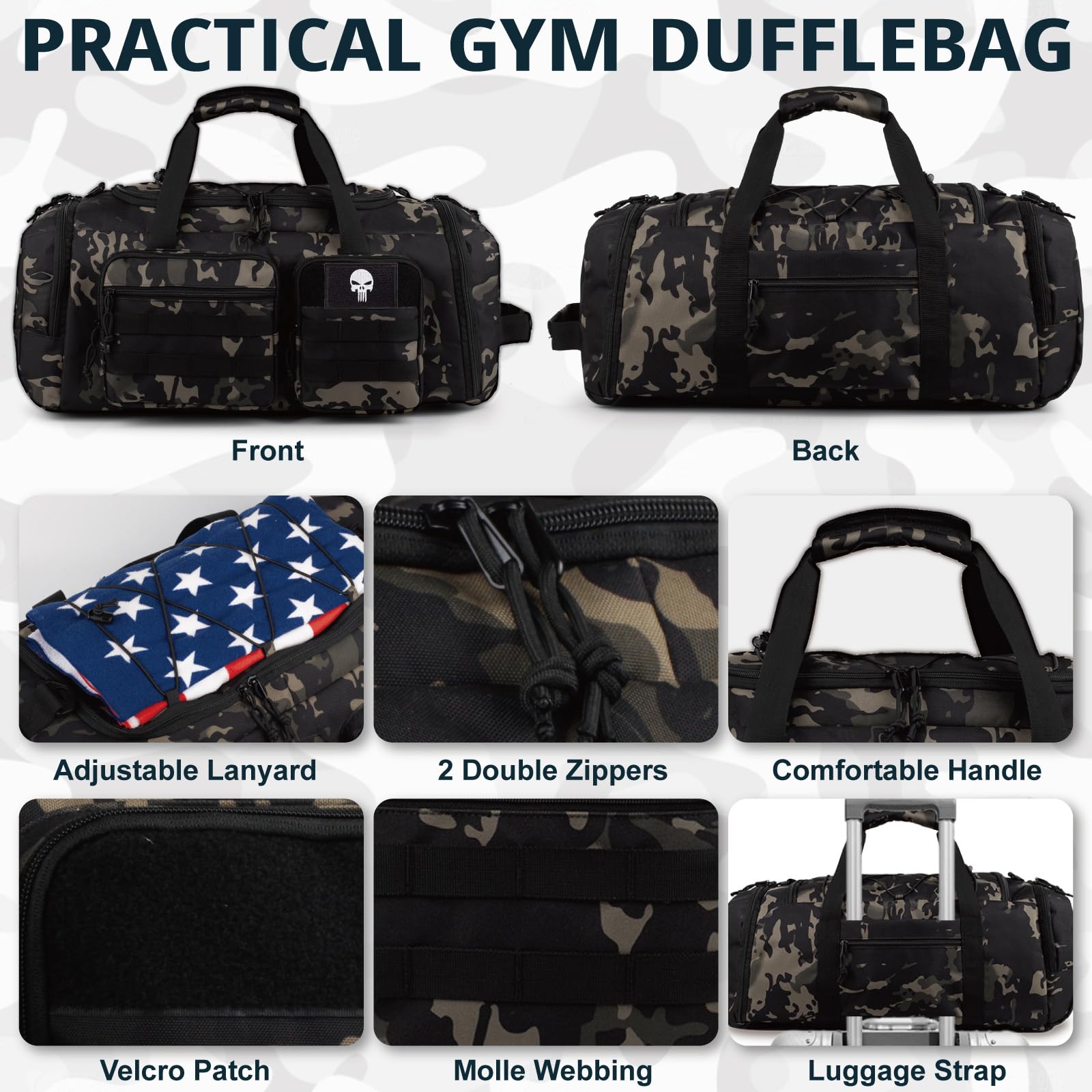 Taktische Sporttasche 50L 3-in-1 Reisetasche mit Schuhfach Wasserabweisender Reiserucksack Weekender Übernachtungstasche