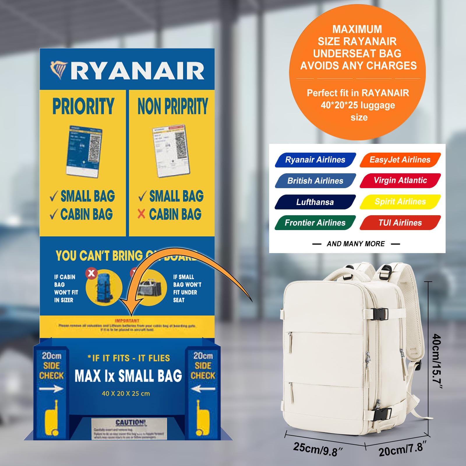 Zaino Bagaglio a Mano Ryanair 40x20x25 Zaino Aereo Borse da Cabina per Easyjet 45x36x20 Zaino da Viaggio donna con porta ricarica USB, Borsa da Viaggio aereo Zaino Computer Impermeabile Casual Daypack