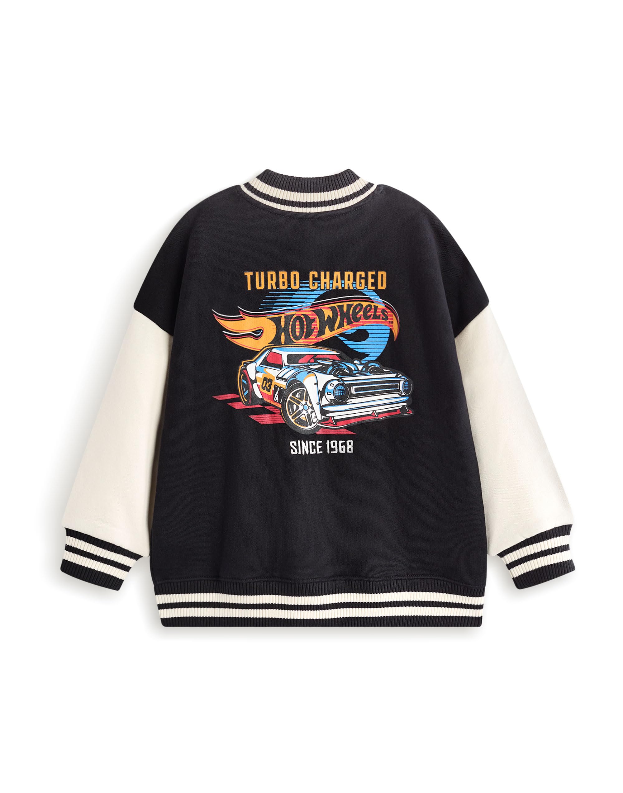 Hot Wheels Giacca Bomber per Bambini | Giacca Varsity con Stampa Grafica Logo Fiamma Nero per Bambini | Giacca per Bambini con Stampa Auto da Corsa Turbo con Cerniera