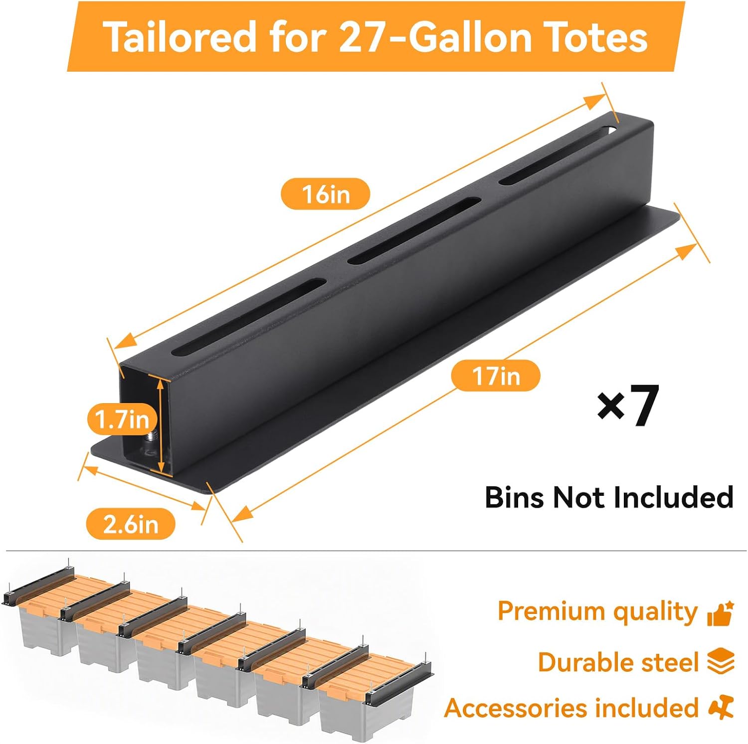 Garage Ceiling Storage Racks for 6 Bins, 17" Heavy Duty Steel Rails, Overhead Garage Storage Rack for 27 Gallon Totes, Powder Coated Tote Rack for Garages, Sheds, Storerooms