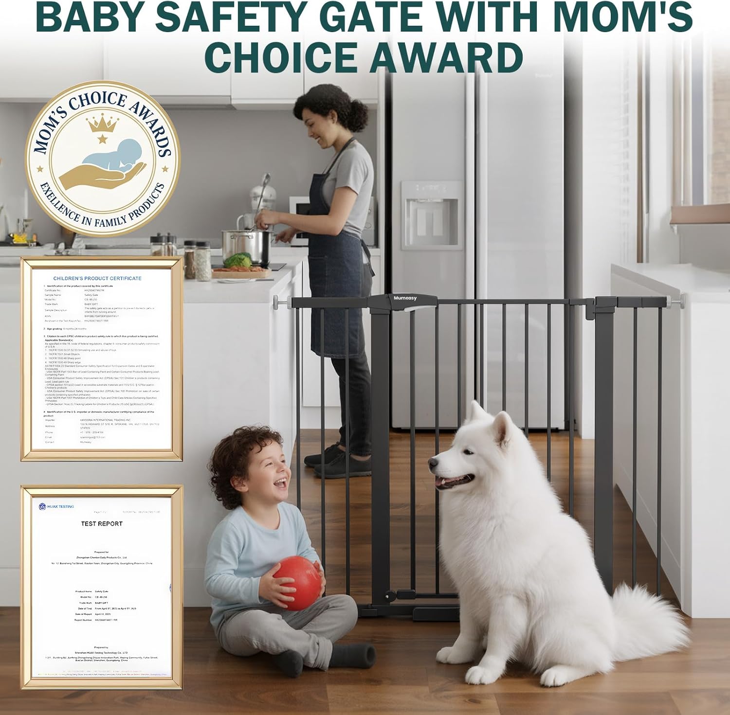Mumeasy 36" Extra Tall Dog Gate, Auto Close Baby Gate for Stairs Doorways, 29.7-46" Wide Walk Thru Child Safety Gate for House, Easy Install Pressure Mounted Metal Pet Gate with Door, Black