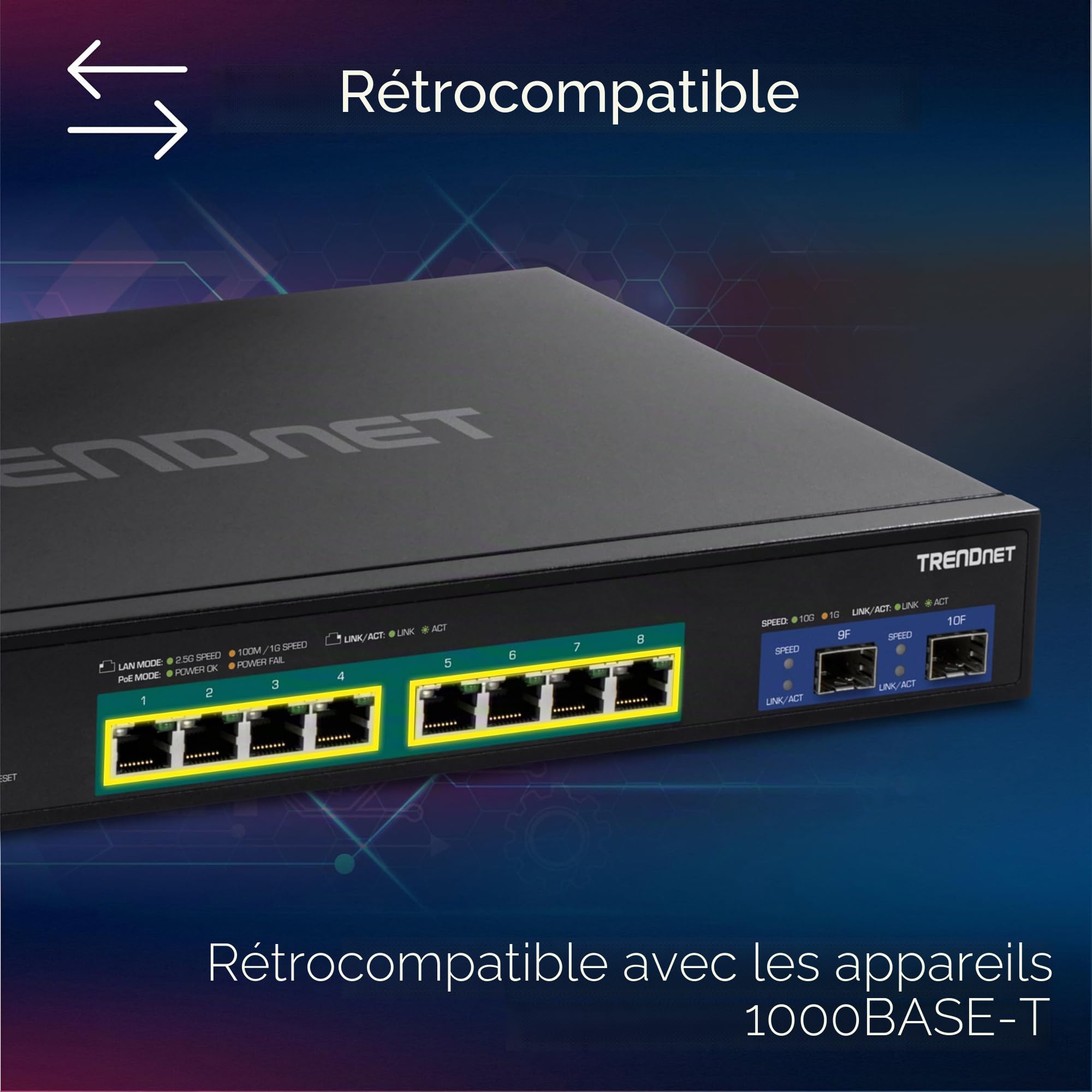 TRENDnet, TPE-3102WS, Switch Web Smart PoE+ 10 Ports Multi-Gigabit, 8 Ports PoE+ 2,5 GBASE-T, 2 emplacements SFP+ 10 Gbit/s, boîtier métallique, commutateur Ethernet réseau géré, Noir