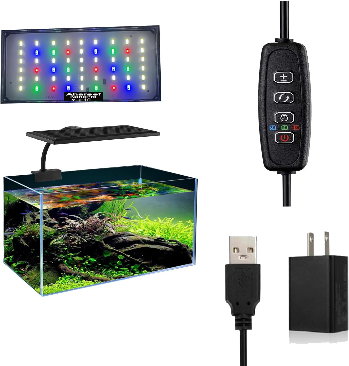 Clip-On Aquarium Light 10W Full Spectrum LED Nano Fish Tank Light with Timer & Dimmer and 3 Lighting Modes for Freshwater Plants & Tropical Fish Ideal for 8-20 Inch Tanks (3-8 Gallons)