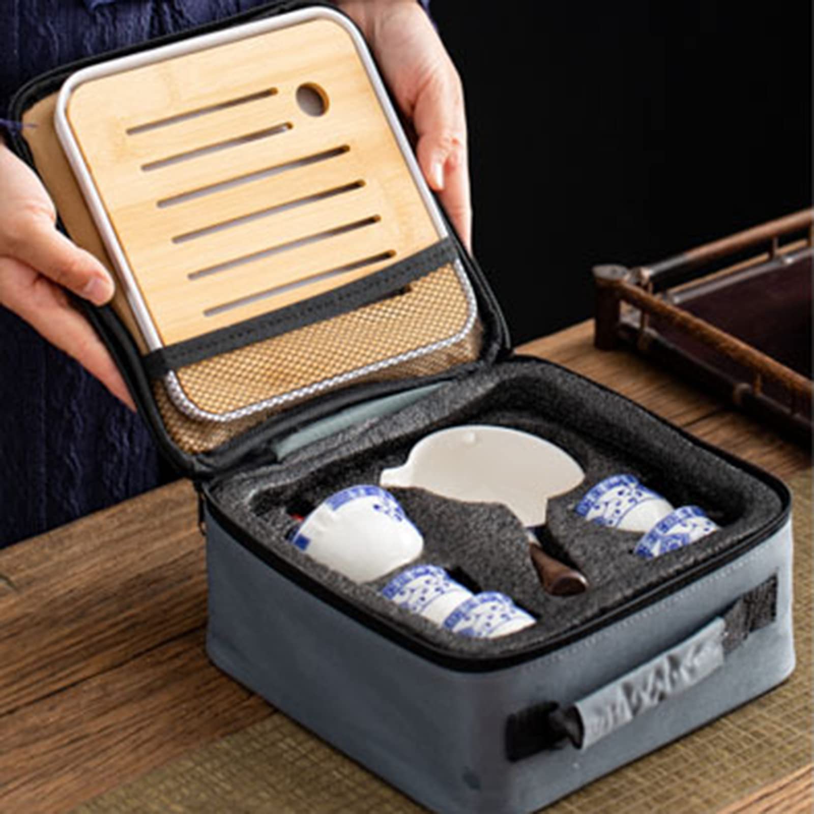 fanquare Juego de Té Portátil de Viaje de Porcelana Azul y Blanca,Juego de Té Kungfu Hecho a Mano, Tetera, 4 Tazas y Bandeja de Té de Bambú con Bolsa