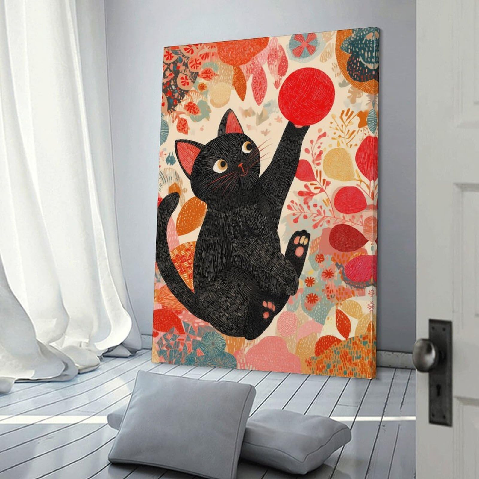 Décoration murale chat joueur avec balle rouge - Affiche moderne chambre et salle de bain - 6