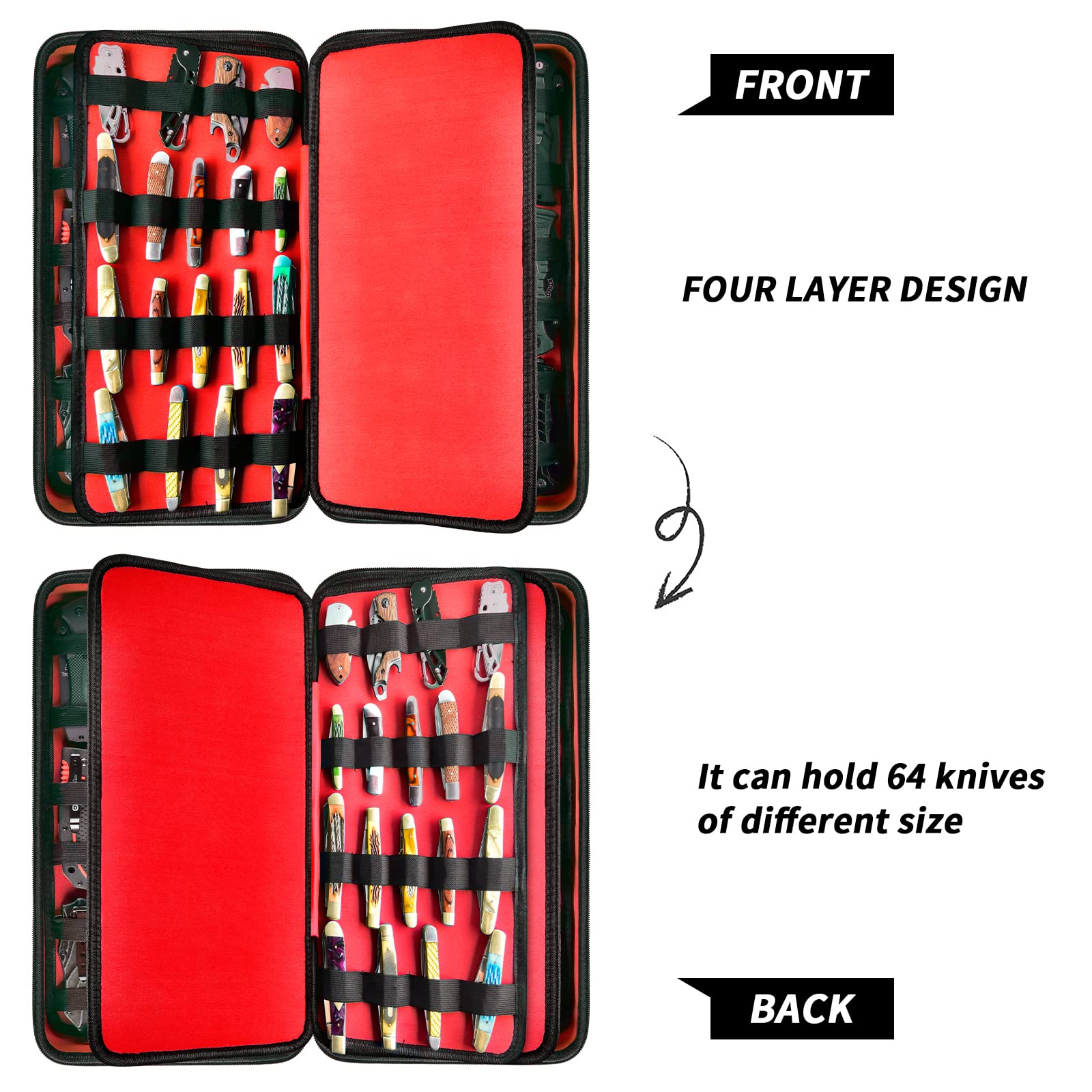 Knife Display Case for 66+ Pocket Knives. Folding Knife Holder, Butterfly Knives Storage Organizer, Knives Roll Collection Pouch Carrier Bag for Survival Tactical Outdoor for EDC Mini Knife -Red