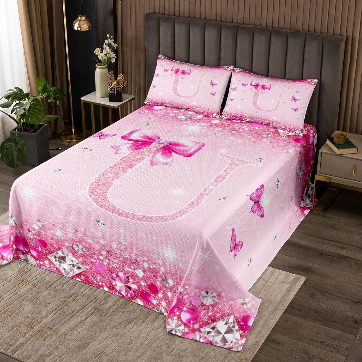 jejeloiu Rose Pink Bowknot Bedspread King Size Personalized Initial U Coverlet Set Kawaii Bow-Tie Quilted Coverlet for All Season with 2 Pillowcases Princess Glitter Microfiber Lightweight