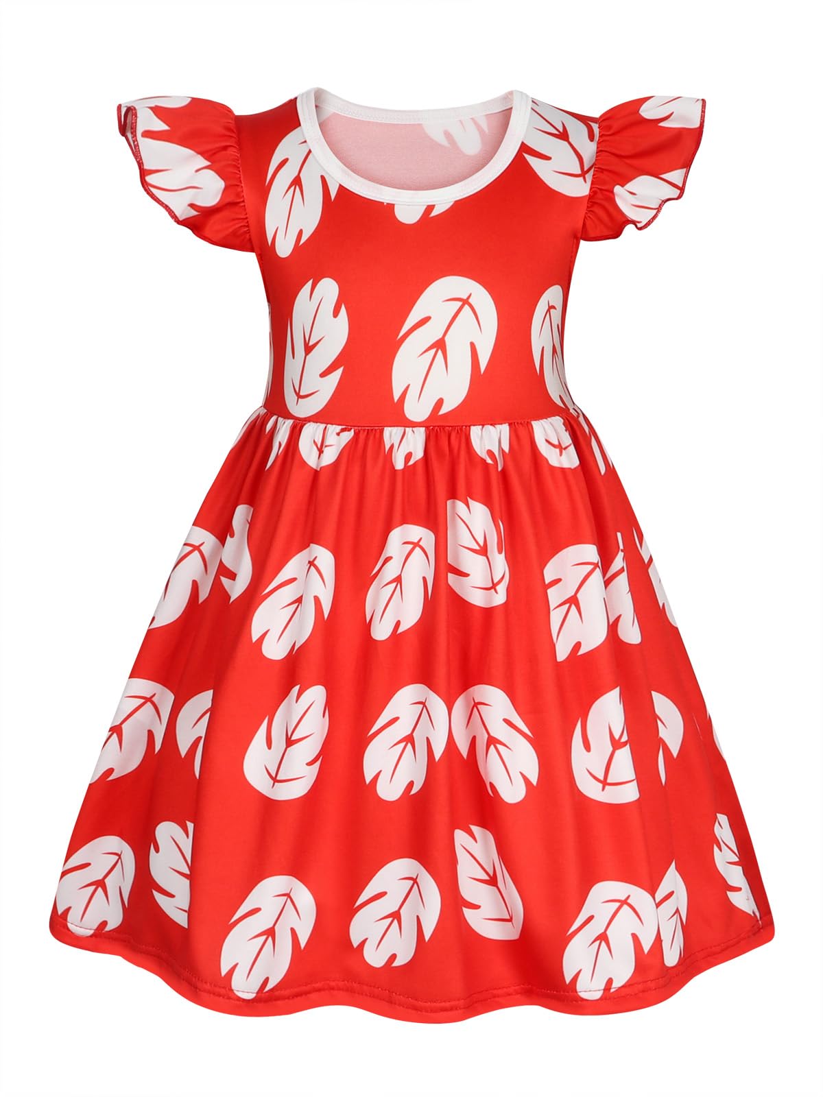 Jurebecia Girls Princess Costume Hawaiian Fancy Dress Red Flutter Sleeve Leaf Print Dresses Halloween Cosplay Summer Party Wear 4-5 Years