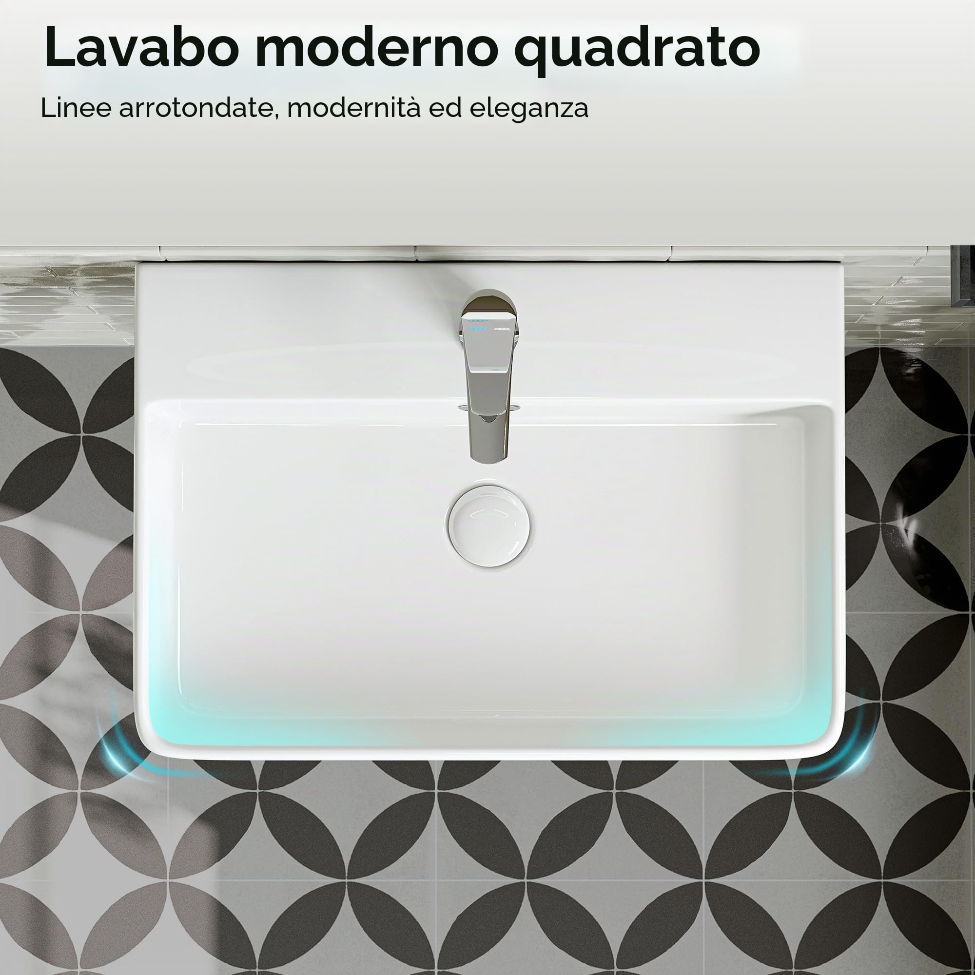 HOROW Lavabo da Appoggio 60 cm Lavandino Bagno Rettangolare Sospeso Moderno, Lavabo Bagno in ceramica con Un Foro per Rubinetto e Troppopieno