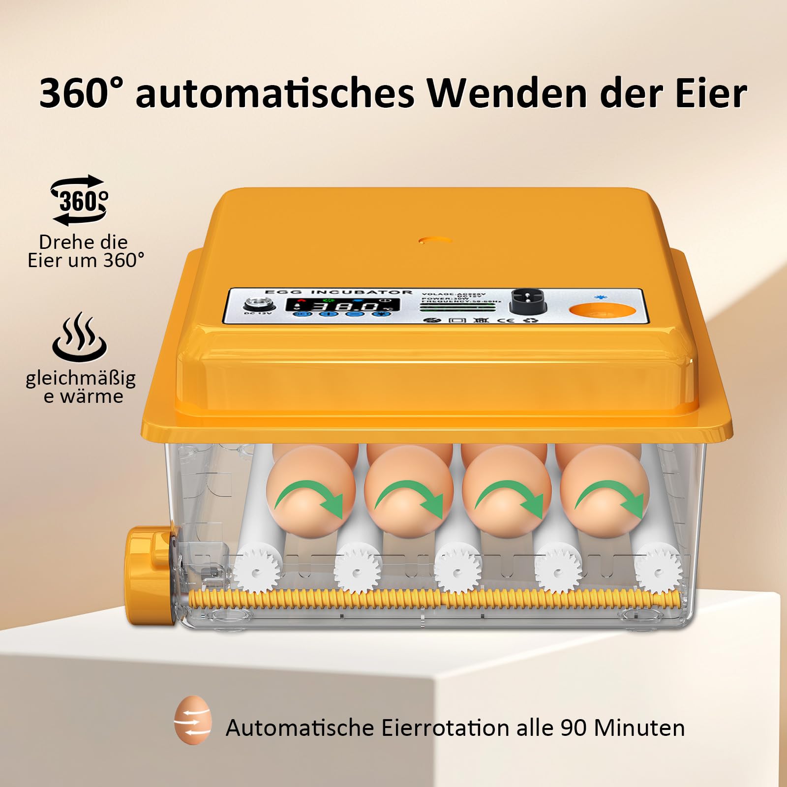 Brutautomat Vollautomatisch für 16 Eier mit Temperaturregelung automatischem Wenden, Inkubator Hühner mit verstellbaren Walzen und automatischer Wasserzugabe, Brutmaschine LED Eierleuchte