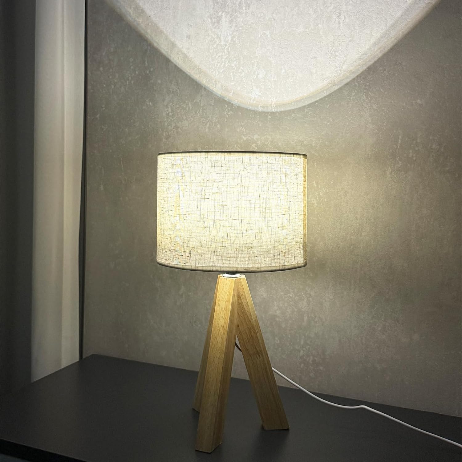 Tripod Table Lamp, Small Cute Bedside Lamp with Linen Beige Lampshade, Nightstand Lamp for Nursery, Bedroom, Kid Room, Living Room, Light Brown Wooden Base, E26 Socket, 12.8Inch, 3000K, 4500K, 6000K