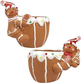Needzo Gingerbread Cupcake Christmas Planters, Flower Pot, Holiday Home and Garden Decor, 4.5 x 3.87 Inches (Pack of 2)