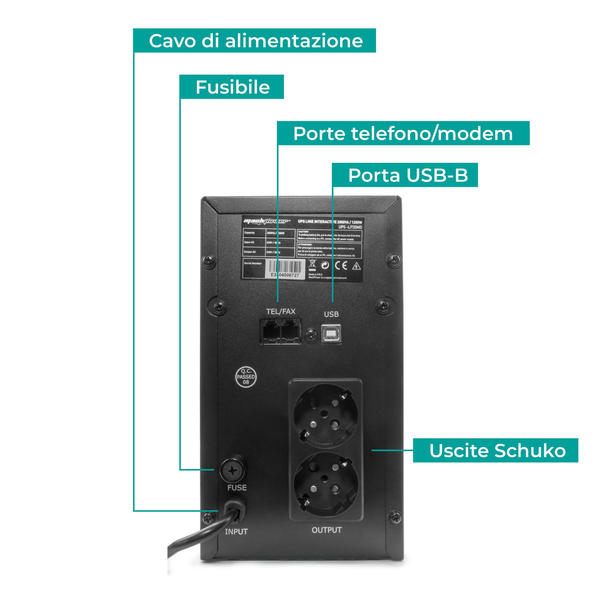 Gruppo di continuità line interactive 2000VA/1200W, stabilizzatore AVR, 2 batterie 12V/9Ah, 2 uscite Schuko/Ita, 1 Porta USB, display LCD, struttura in metallo UPS-LIT20MD (2000VA/1200W)