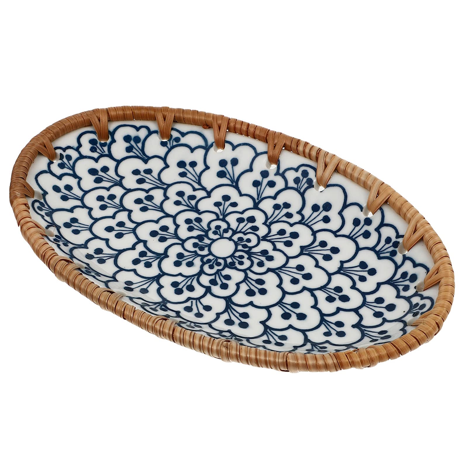 Hemoton Ceramic Dessert Plate Vintage Style Fruit Salad Snack Holder Rattan Oval Porcelain Tray Floral Dinnerware Plate for Home Kitchen