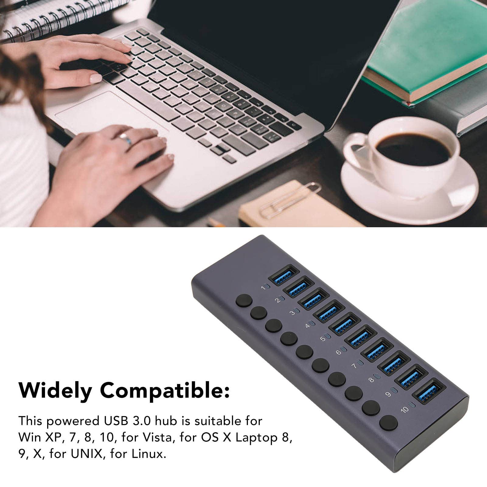 VBESTLIFE Powered USB Hub, 10 Ports Aluminium USB Port Hub Expender, USB C Hub Splitter mit Individuellem EIN-Aus-Schalter für Laptop, PC, HDD
