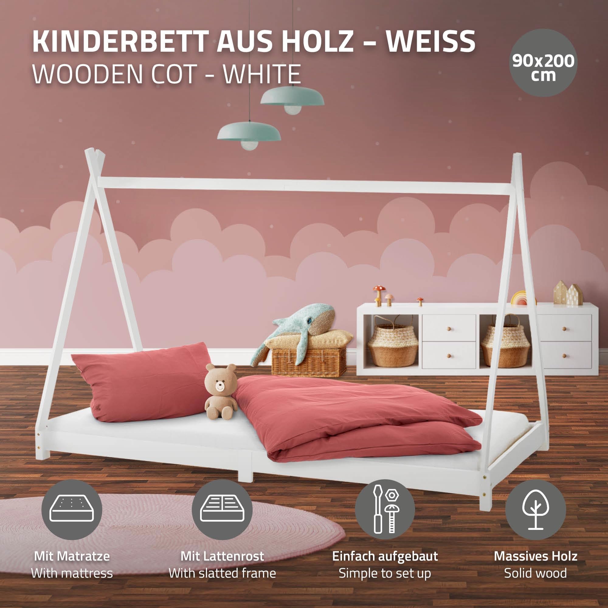 ML-Design Lettino per Bambini a Forma di Tenda Indiana con Rete a Doghe 90 x 200 cm Letto Tipi da Gioco in Legno di Pino Massiccio Bianco Stile Montessori con Materasso Sfoderabile in Schiuma Fredda