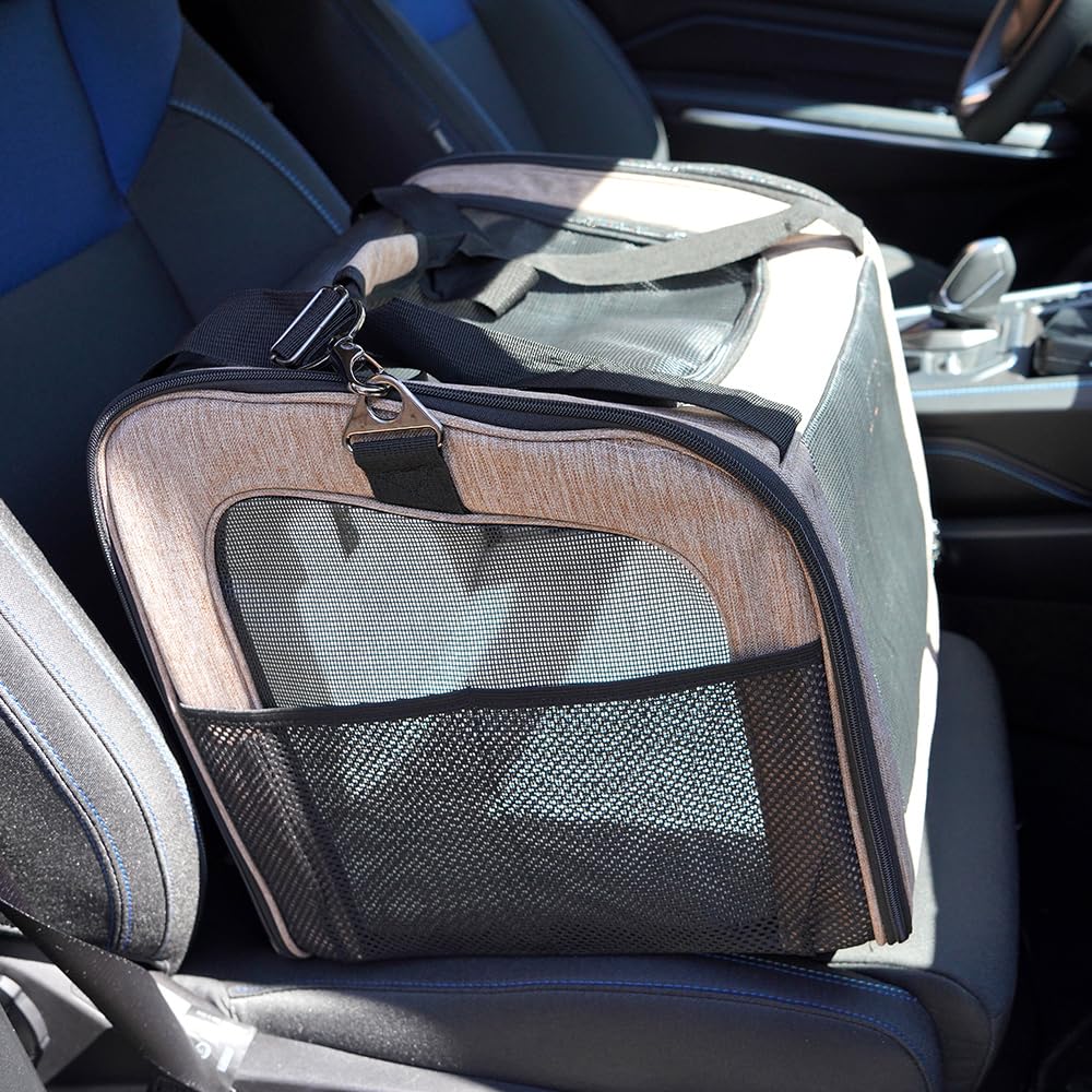 Trasportino per cani e gatti, borsa porta-cane traspirante per animali domestici, trasportino da viaggio con ventilazione, tasche laterali, due porte con tracolla per auto (Marrone, 35x40x45cm)