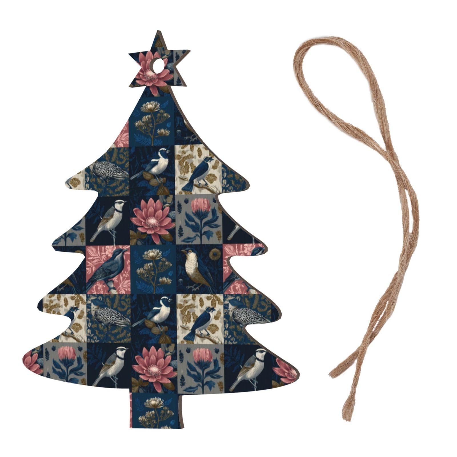 Skandinavische Weihnachts-Holzornamente mit Vogel- und Blumenmuster, 4 Stück, Set mit 6 natürlichen Holzdesigns für gemütlichen, rustikalen Weihnachtsbaum und Zuhause
