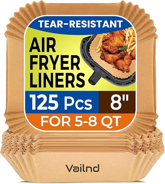 Air Fryer Paper Liners, 125Pcs Parchment Paper, Air Fryer Liners Disposable for Microwave, Non-Stick Air Fryer Liner Square Free of Bleach (8IN)