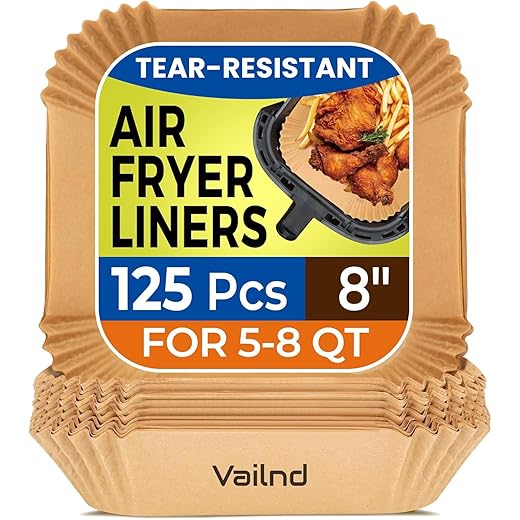 Air Fryer Paper Liners, 125Pcs Parchment Paper, Air Fryer Liners Disposable for Microwave, Non-Stick Air Fryer Liner Square Free of Bleach (8IN)
