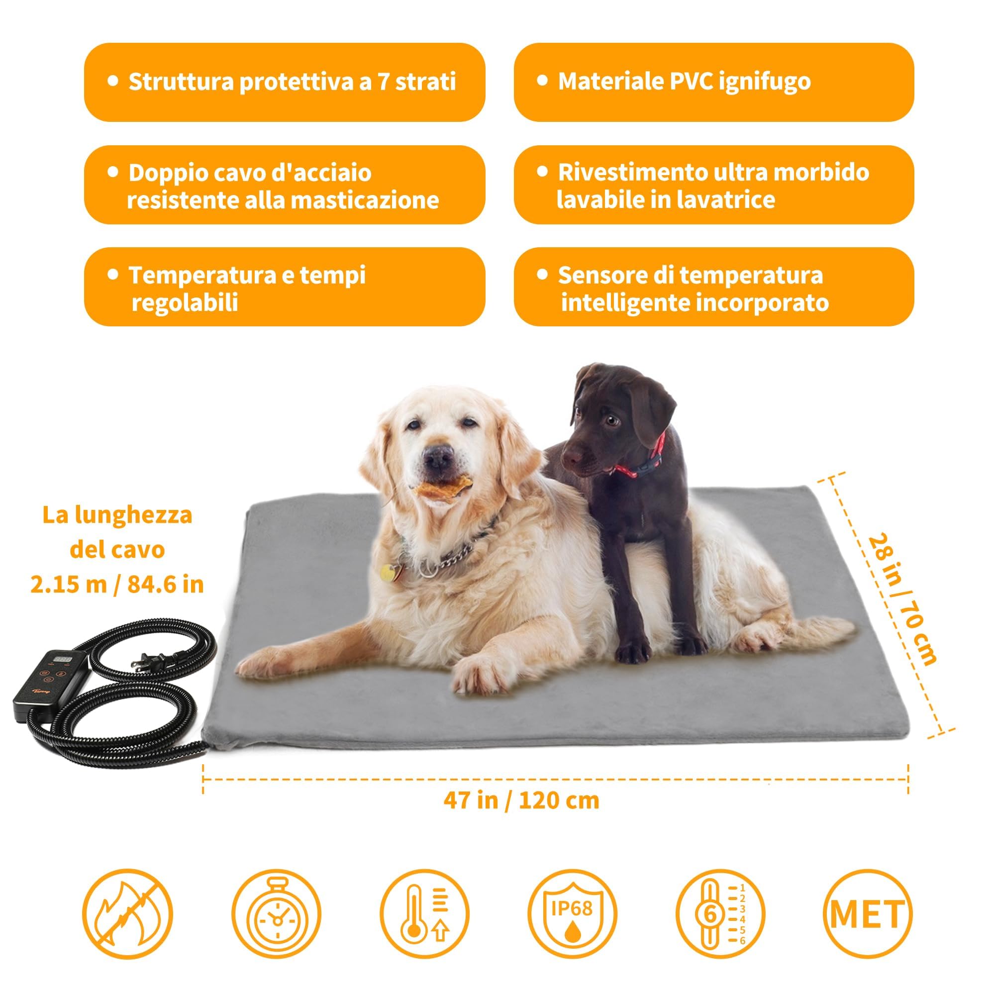 Toozey Tappetino Riscaldante per Cani e Gatti Tappeto Riscaldante per Animali Domestici Elettrico Regolabile Timer e per Temperatura per Cani e Gatti Neonati/Piccoli/Anziani, Grigio - XXL (120 * 70cm)