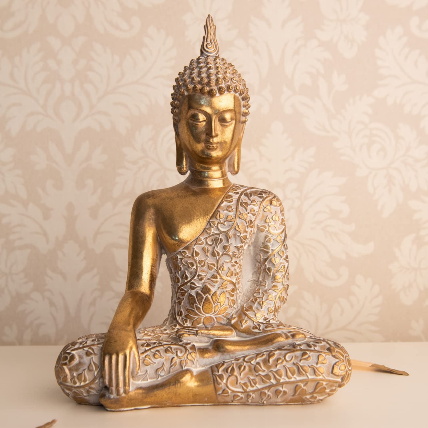 dszapaci Figura de Buda de Oro 30cm Figura sentada con patrón Blanco de decoración Estatua