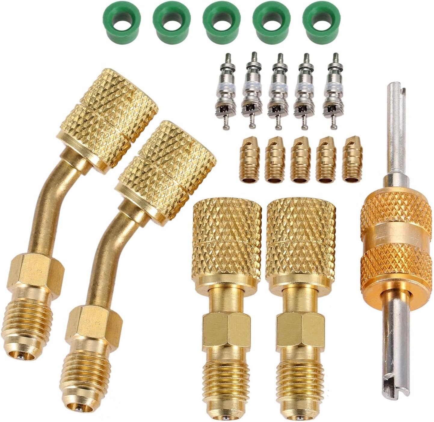 R410a Adapter for Mini Split System, Charging Vacuum Port Adapter, 5/16 Female 1/4 Male Flare, Valve Core Remover, R134a Hose Gaskets, 5V1 Valve Cores, for HVAC and Refrigeration Service