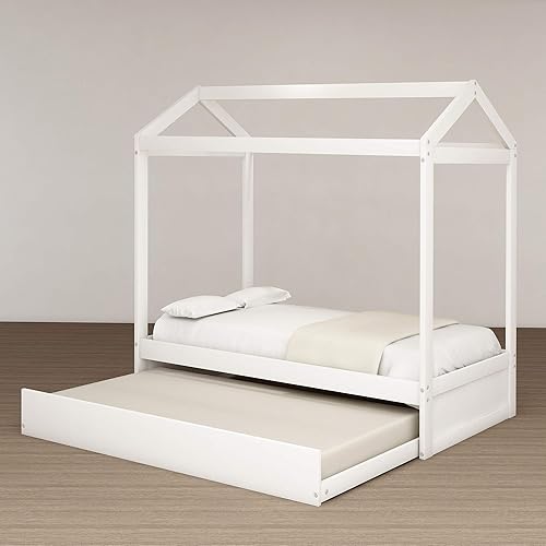 Miniatura 289 de Cama de casa de tamaño individual con 2 cajones, marco de cama de madera y barandilla de seguridad. Ahorra espacio, ideal para el dormitorio de un