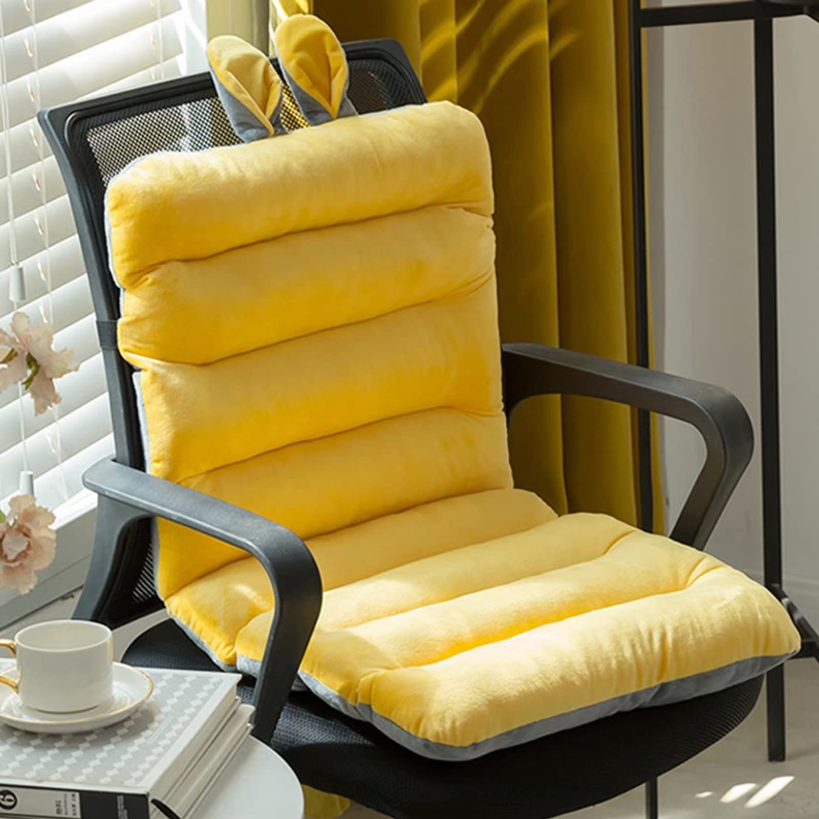 Yadlan Seat and Back Cushion for Office Chair, Desk Chair Padded Seat Cushion, One Piece Chair Cushion with High Backrest, Extra Large Crystal Velvet Seat Pads with Double Non Slip Design Yellow