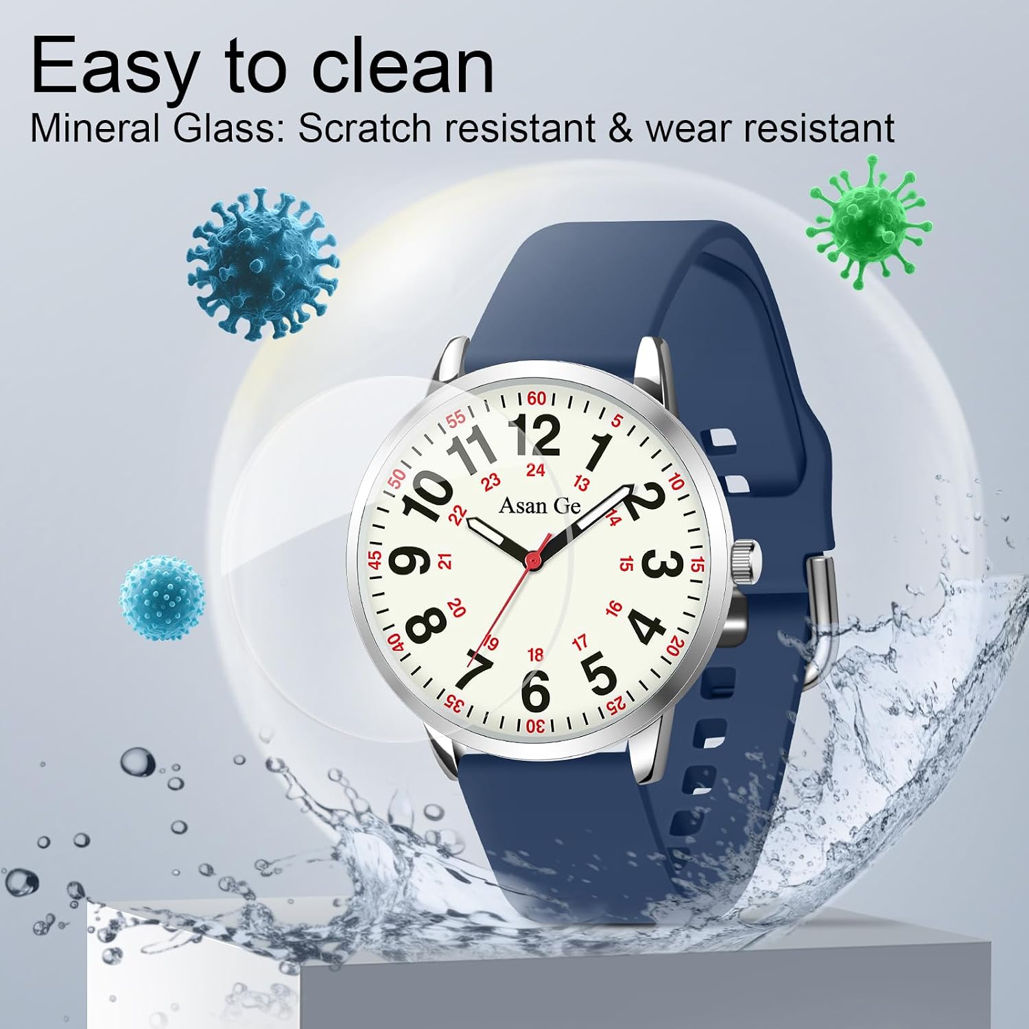 Asan Ge 40MM 3ATM Waterproof Wear Resistant Anti-Scratch Analog Nurse Watch 12/24 Hour Luminouse with Second Hand Military Time Big Face Easy to Read,Soft Breathable Easy to Clean Gift for Women