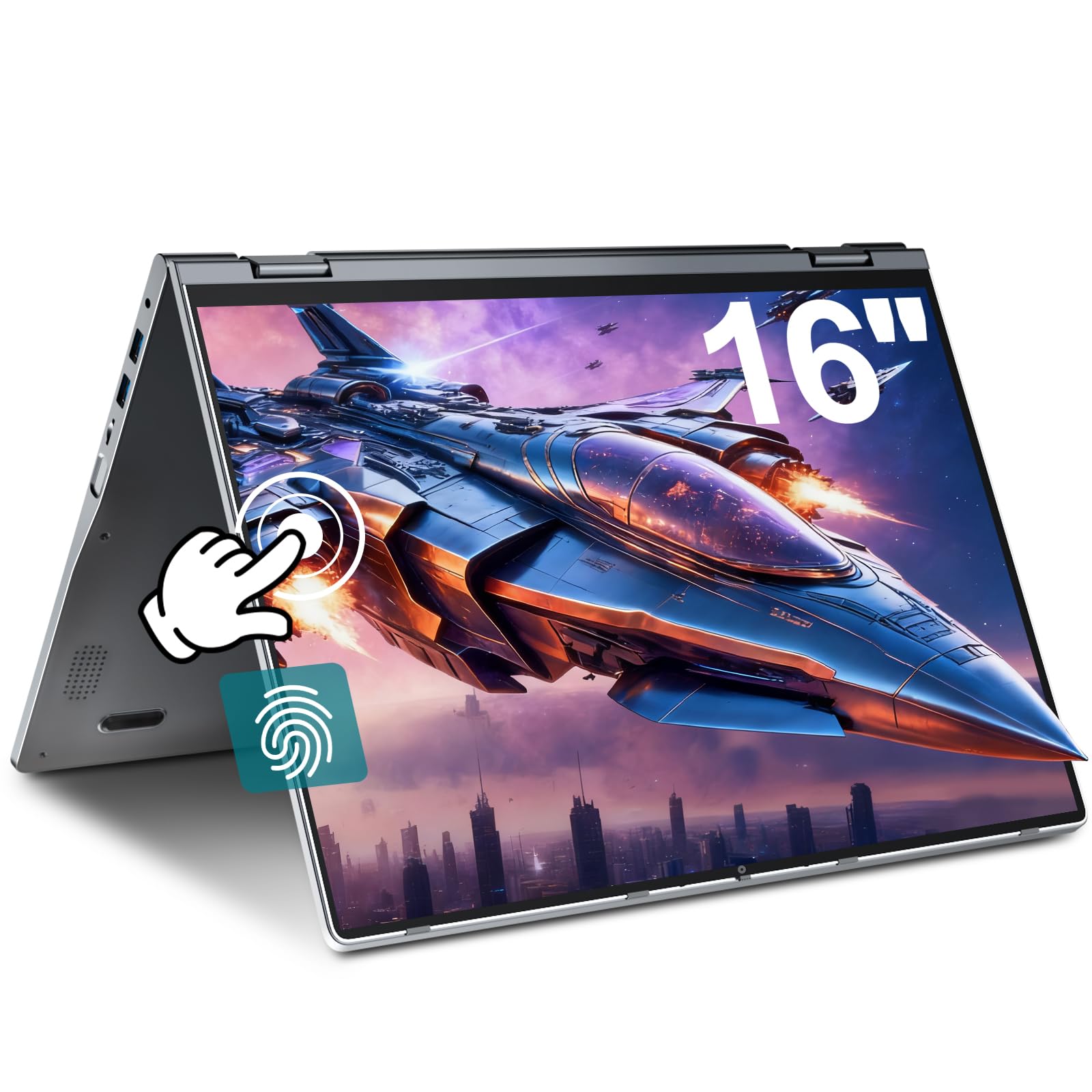 THEYETI Laptop touch screen da 16 pollici, processore Ryzen 3 3300U (Beat N95), 16 GB RAM, 512 GB SSD, tastiera QWERTZ retroilluminata, lettore di impronte digitali, WiFi 6, Bluetooth 5.2, per ufficio