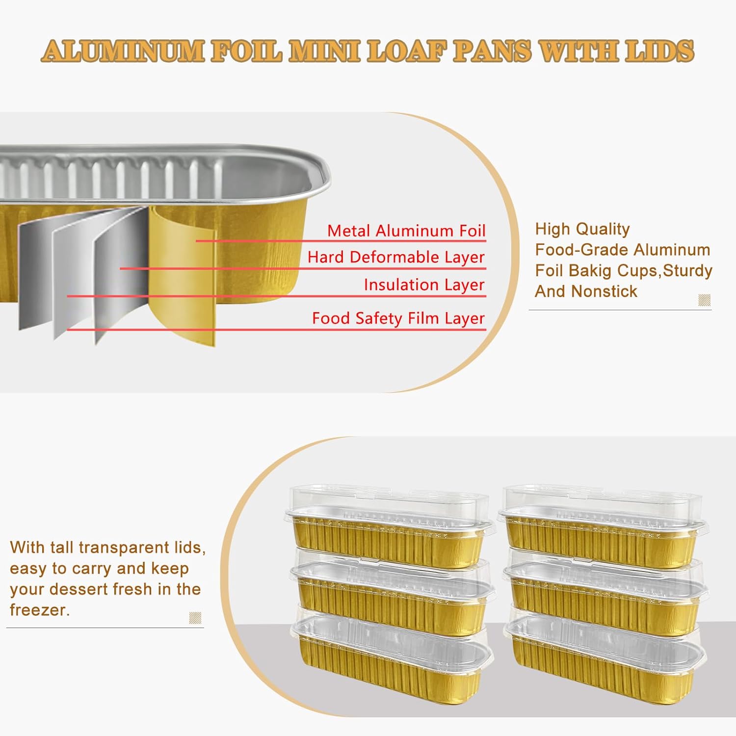 Mini Cake Pans With Lids And Spoons 50 Pack,6.8 oz Rectangle Mini individual Loaf Pans Disposable Aluminum Foil Small Baking Cups Tins (50, gold) - Image 3