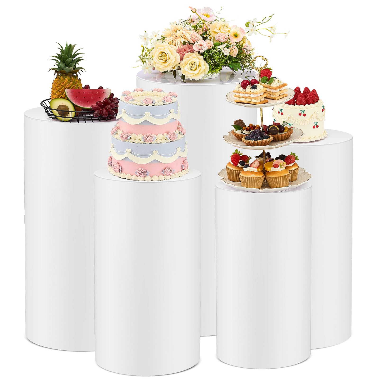 5 Pcs Cylinder Stands for Party, Large White Cake Pedestal Stand, 35.4''h, 29.5'' H, 23.6'' H, 21.6'' H, 19.7'' H, Round Reusable Dessert Display Tables for Birthday Wedding Baby Shower