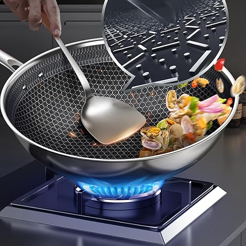 Miniatura 4 de Wok antiadherente de panal de abeja de 14 pulgadas de acero inoxidable con tapa, sartén con mango que se mantiene fresco, libre de PFOA, adecuado