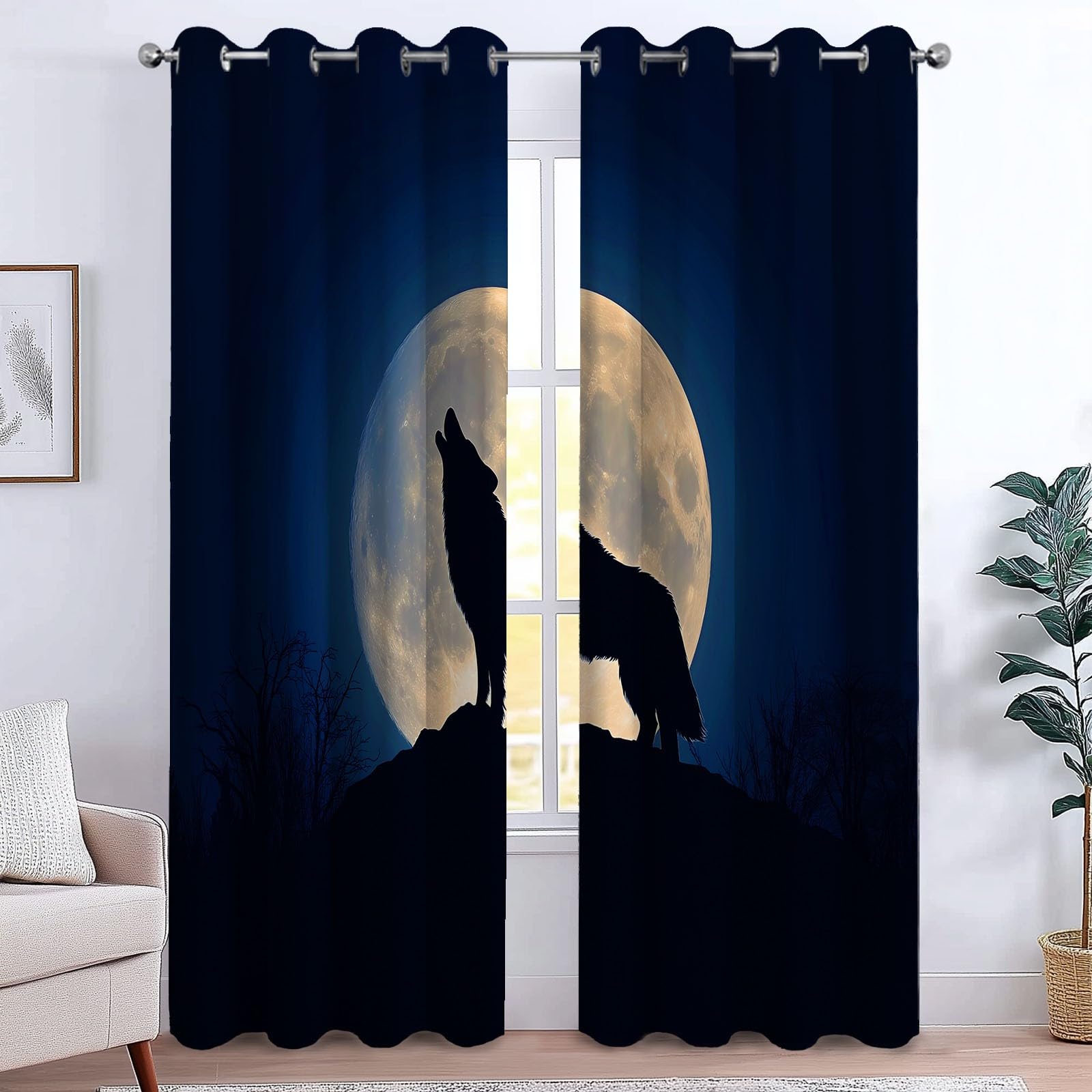 Generisch Tiere Vollmond Wolf Vorhänge 166 x 75 cm, Kunststil Verdunkelungsvorhänge Ösenvorhänge Blickdicht Thermo Lärmschutz, Lichtundurchlässig für Kinderzimmer Schlafzimmer Deko, 2er Set