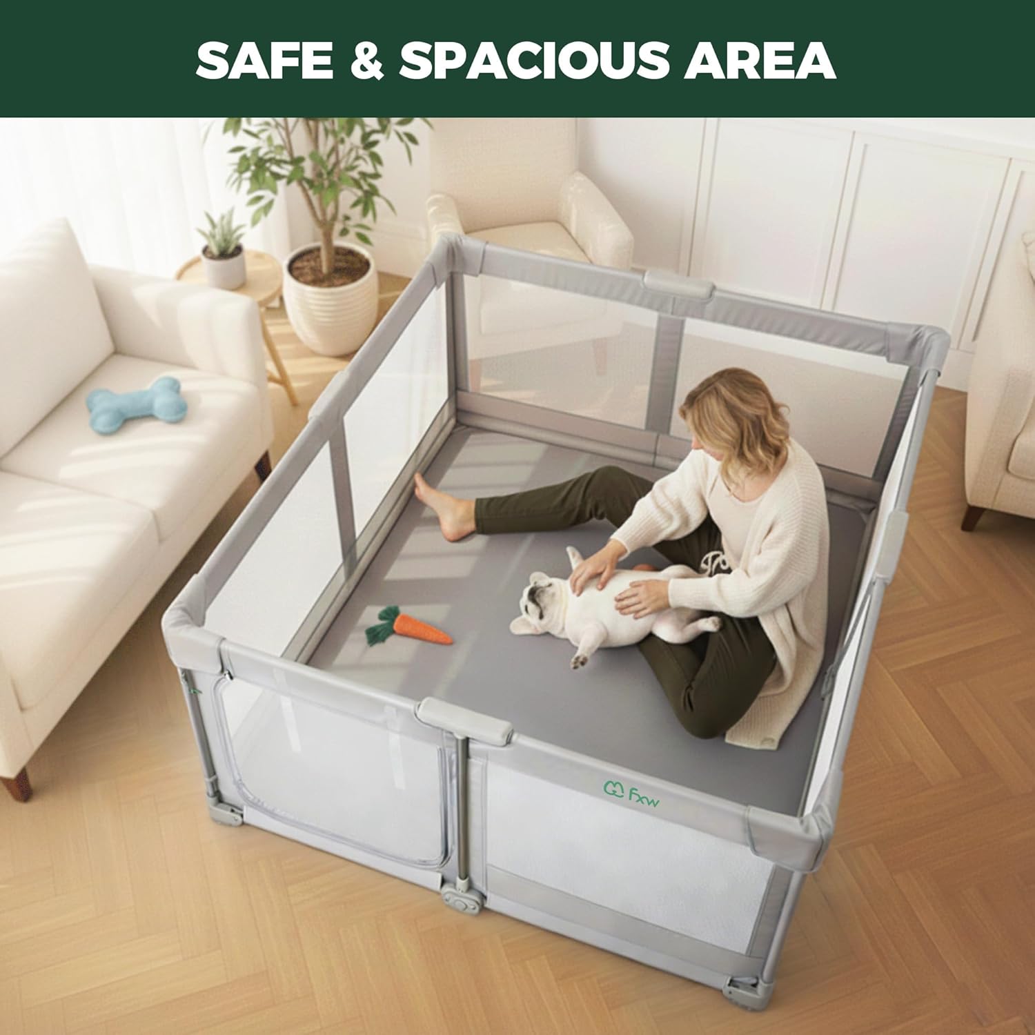 FXW SnapFold Dog Playpen with Dual Doors, Foldable & Portable Indoor Pen, 49 x 49 x 27 inch Spacious Play/Sleeping Area/Potty Training for Puppy & Small Dog, Gray