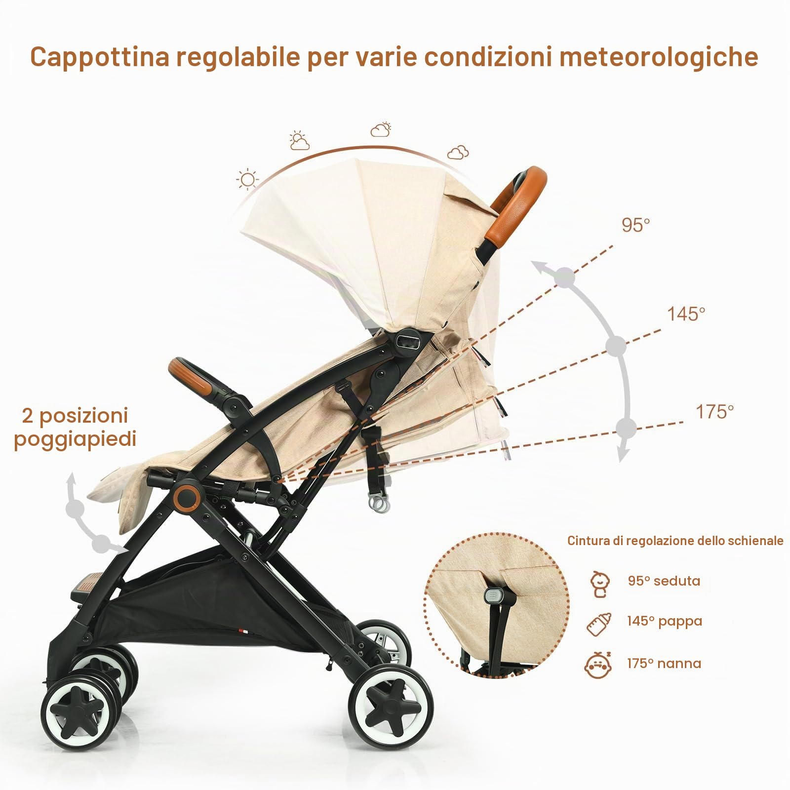 LIFEZEAL Passeggino Ultraleggero per Bambini 0-36 Mesi, Passeggino Compatto a Ombrello, per Viaggio, Aereo, Pieghevole, Regolabile, con Cintura di Sicurezza, Ruote, Freno, Parasole, Cesto, Beige