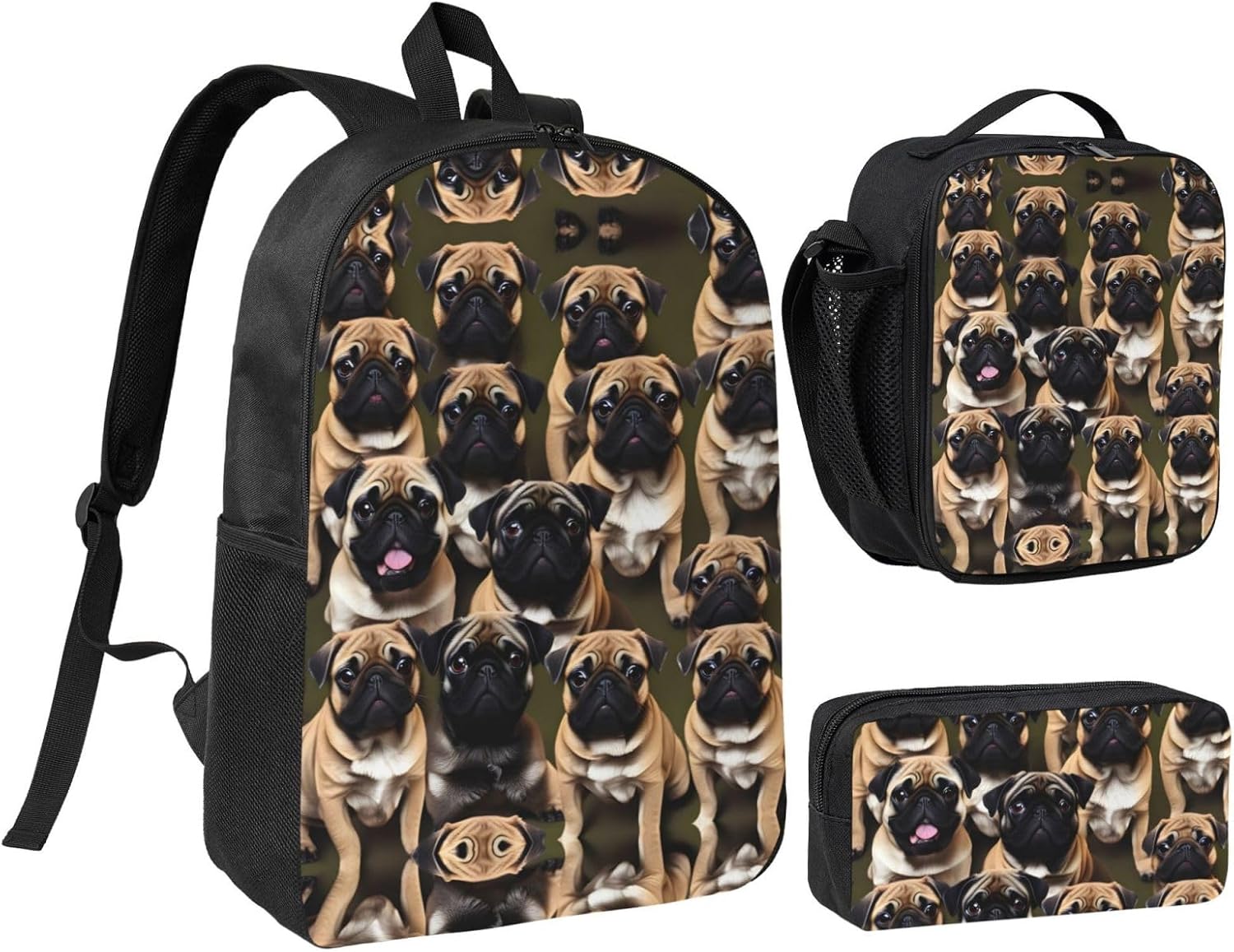 Imagen De Pug-standard print 3 Piece Backpack Bags with Lunch Box Pencil Case Set for Travel Work Camping Unisex