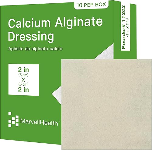 MarvellHealth Apósito de alginato de calcio de 2 x 2 pulgadas, paquete de 10 almohadillas estériles individuales, altamente absorbentes, suaves y